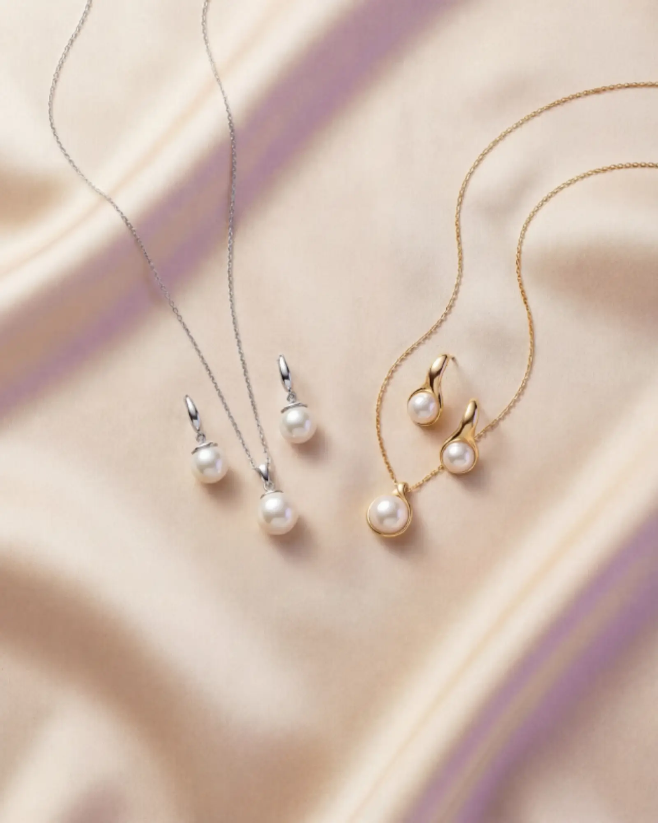 Comparison of premium 925 Sterling Silver and 8 micron PVD Gold jewelry set with pearls