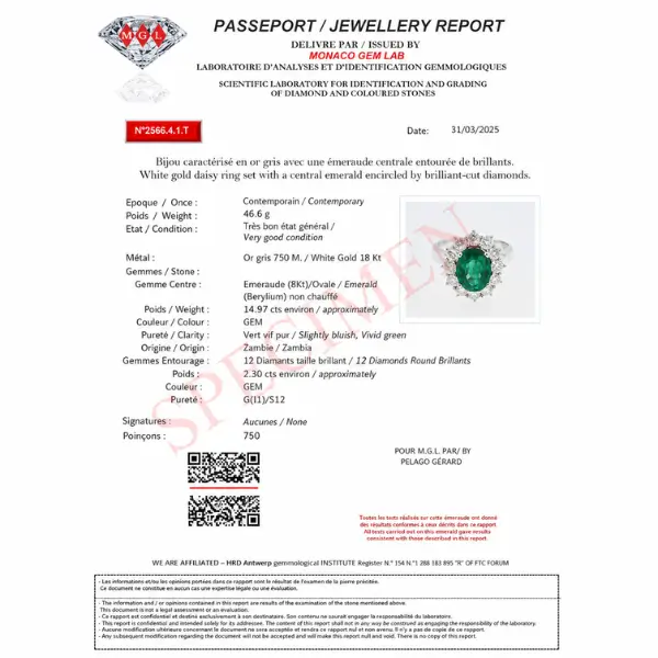 Gemstone jewelry certification from the Gemological Laboratory of Monaco