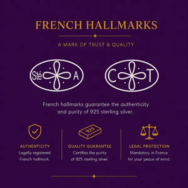 French legal hallmark symbols on a dark purple background, marking authenticity and purity of 925 sterling silver