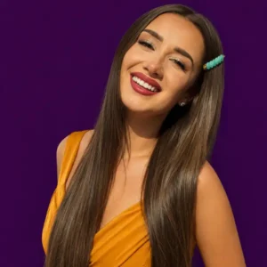 Claudia wearing a green gemstone barrette - hair accessories for women