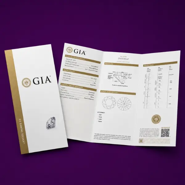 GIA laboratory-grown diamond certificate displayed with its folio on a dark purple background