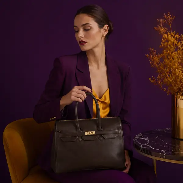 Woman carrying a black leather handbag - real Italian leather purse for women