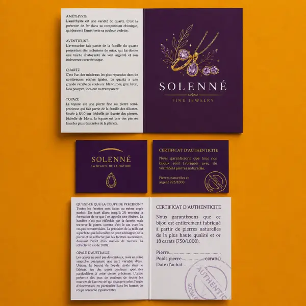 Solenné certificates of authenticity for gemstones and precious metals laid out on an orange background