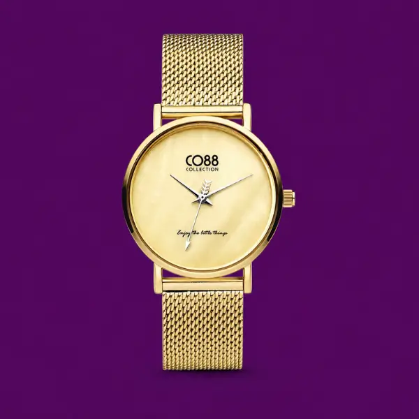 18ct gold vermeil on silver watch for women, on plum background