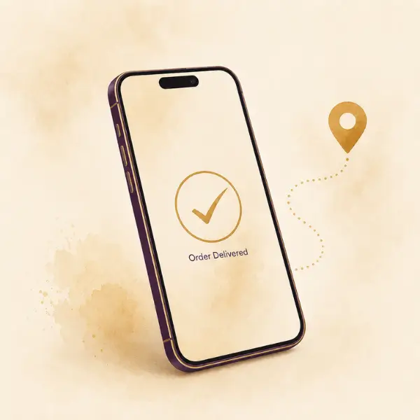 A smartphone displaying order delivered notification from Solenne orders.