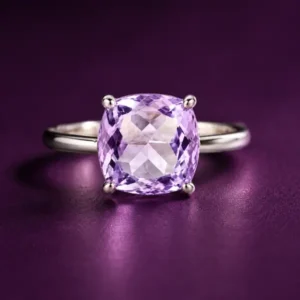 Amethyst ring in platinum setting, February birthstone jewelry