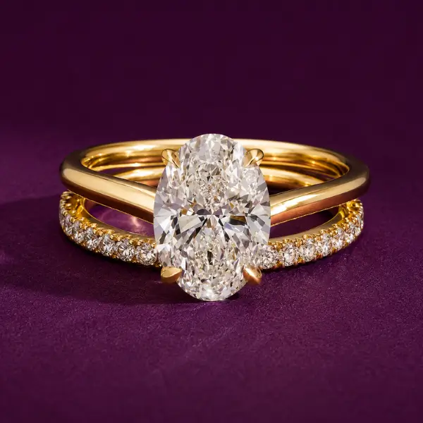 Lab grown diamond engagement ring in 18k yellow gold with pavé band
