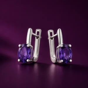 Silver and amethyst earrings with fixed oval stones, Eclat Amethyste collection