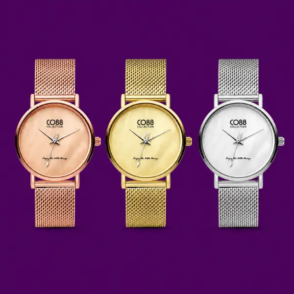 Gold plated watches shown in rose gold, yellow gold, and silver finishes