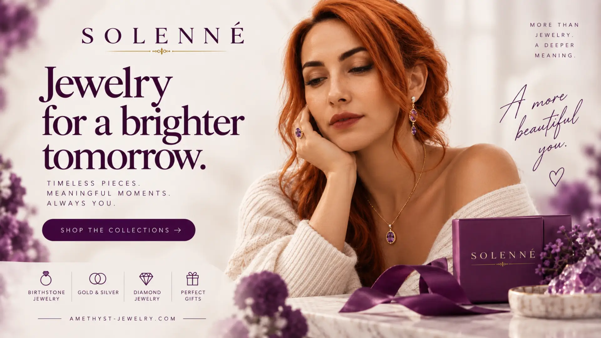 Model Cynthia wearing amethyst jewelry from Solenne