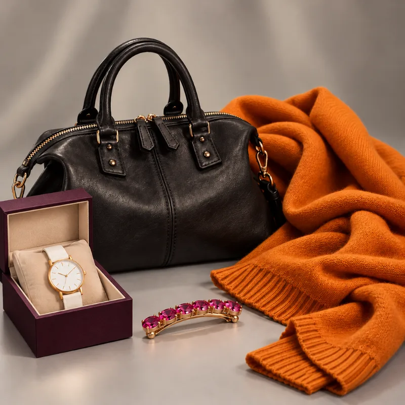 Luxury gifts for her featuring a black leather handbag, cashmere scarf, gold watch in gift box and gemstone hair barrette.